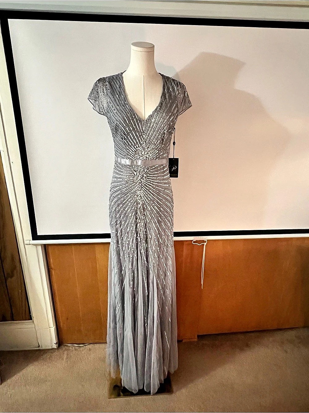 NWT Adrianna Papell Art Deco Sequin Short Sleeve V-Neck Gown Size 4